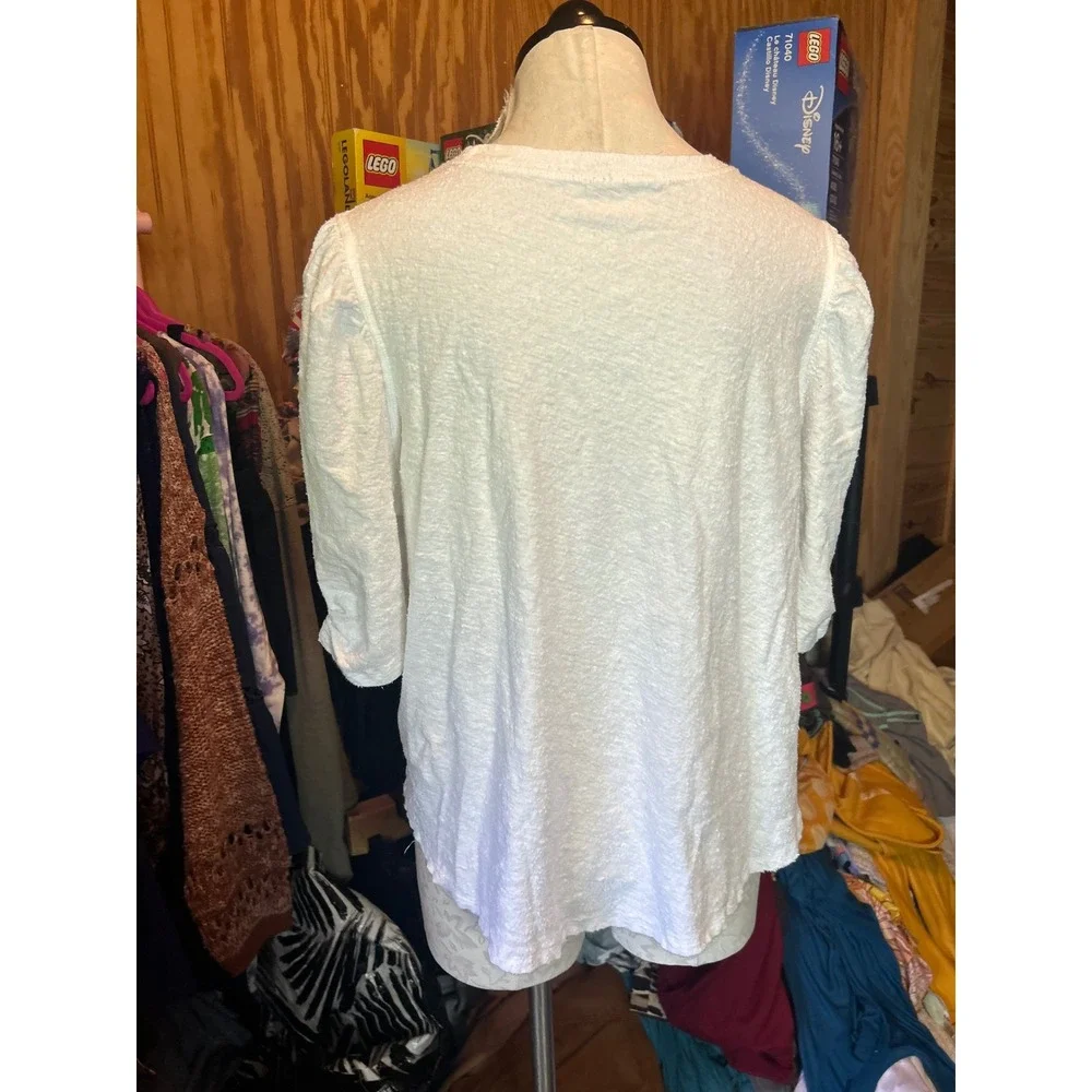 Free People White Cotton Linen Textured Puff Sleeve Top Crew Neck Slub Knit Sz L